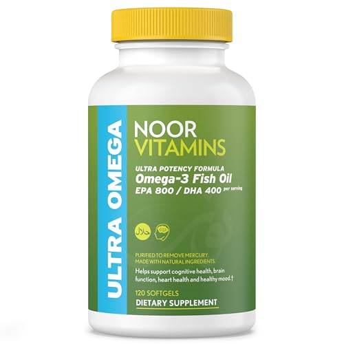 Noor Vitamins Halal Fish Oil, Halal Vitamins, Fish Oil Halal, Ultra Omega 3 Wild Peruvian Fish Oil (800 mg EPA & 400 mg DHA) Heart, Brain & Joint Support, Non-GMO & Gluten Free (120 Count)