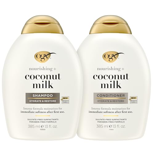 OGX Nourishing + Coconut Milk Shampoo & Conditioner Set, Hydrating & Restoring, Moisturizes for Soft Hair After the First Use, Sulfate-Free Surfactants, 2 Items, 2 x 13 fl. Oz