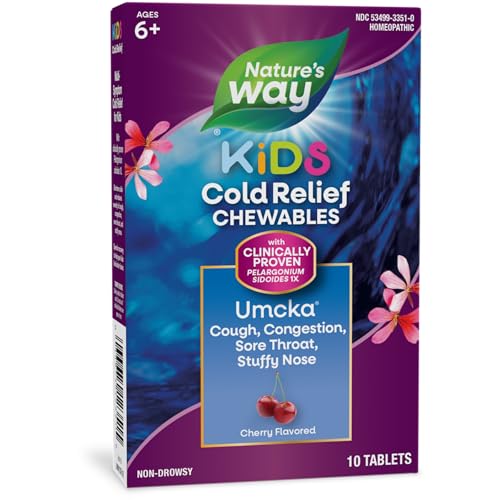 Nature's Way Umcka Cold Relief for Kids 6+, Umcka, Shortens Duration & Reduces Severity, Multi-Symptom Cold Relief, Homeopathic, Phenylephrine Free, Cherry Flavored, 10 Chewable Tablets