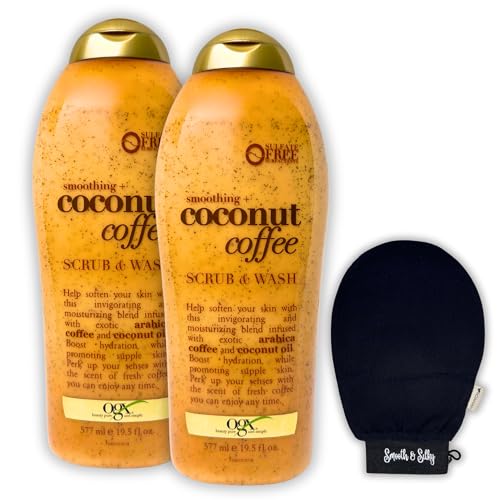 OGX Smoothing Coconut Coffee Exfoliating Body Scrub, Coconut Body Wash with Coconut Oil, 19.5 Fl Oz, Pack of 2, Arabica Coffee Body Wash Bundle with NOAHIAN Premium Body Exfoliating Mitt (3 items)