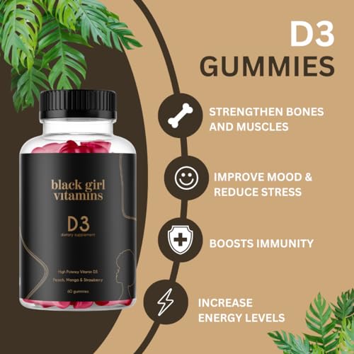 Black Girl Vitamins - Vitamin D3 Gummies, for Immune, Energy, and Bone Support, 2000IU (50mcg) Vitamin D per Serving, Gluten-Free Vitamin D Gummies (Multi-Flavored), 60ct