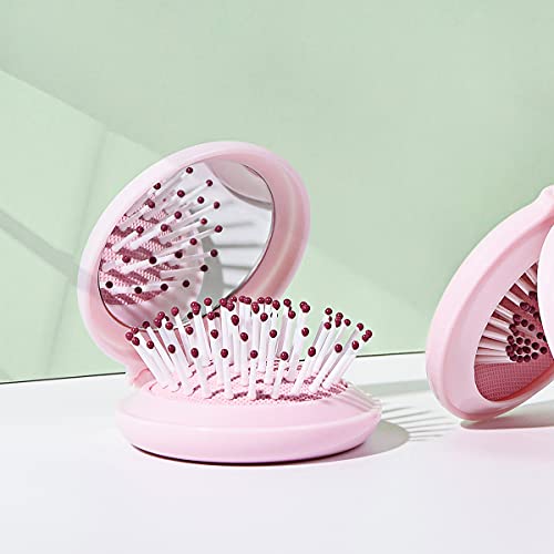 Trikeel Mini Hair Brush Pink for Girl, Round Little Mirror with Fine Brush for Women,Travel Hair Comb with Mirror,Round Compact Brush for Pocket or Backpack.