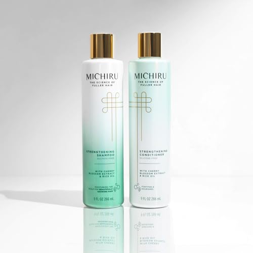 Michiru Strengthening Shampoo, Sulfate-Free & Conditioner, Silicone-Free – Japanese Hair Care, Scalp Treatment with Cherry Blossom Extract and Rice Oil, 9 Oz Each (2 Piece Set)