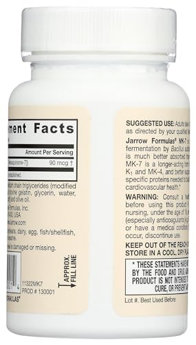 Jarrow Formulas MK-7 90 mcg - Bioactive Form of Vitamin K2-60 Servings (Softgels) - for Bone & Cardiovascular Health - Vitamin K2 MK-7 Dietary Supplement - K2 Vitamin Supplement MK-7 - Gluten Free