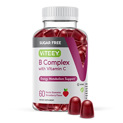 Vitamin B Complex Gummies with Vitamin C, Sugar Free - Energy, Metabolism & Nerve Health - B6, B12, Folic Acid, Biotin - Vegan, Gelatin Free, GMO Free - Tasty Chewable Strawberry Flavored Gummy