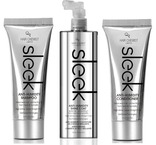 Hair Chemist Sleek Anti-Humidity Shampoo 8oz, Conditioner 8oz & Shine Coat 8oz 3-PC SET - Frizzy Hair Shampoo and Anti-Frizz Treatment Collection for Silky Hair & Super Straight Hair