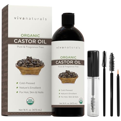 Viva Naturals Organic Castor Oil for Eyelashes and Eyebrows (16 fl oz) - USDA Certified Organic, Cold Pressed Castor Oil, Natural Hair Oil & Eyelash Serum, Beauty Kit Included