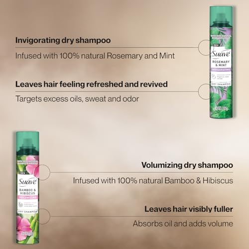Suave Dry Shampoo Spray Variety 2-Pack – Invigorating Rosemary & Mint + Volumizing Bamboo & Hibiscus, 4.3 Oz Ea
