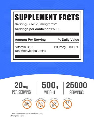 BulkSupplements.com Vitamin B12 Methylcobalamin Powder - 1% B12 Methylcobalamin, Essential B Vitamin - B12 Supplement, Gluten Free, 20mg per Serving, 500g (1.1 lbs) (Pack of 1)