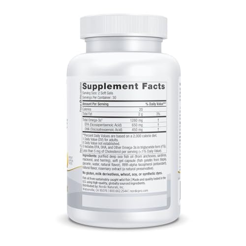 Nordic Naturals ProOmega in Fish Gelatin, Lemon Flavor - 60 Soft Gels - 1280 mg Omega-3 - High Potency Fish Oil - EPA & DHA - Promotes Brain, Eye, Heart, & Immune Health - Non-GMO - 30 Servings