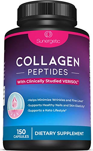 Sunergetic Premium Collagen Peptides Capsules – 2500 mg of VERISOL Collagen Peptides Type 1 & Type 3 – Multi Collagen Supplement to Support Joint Health, Hair, Skin & Nails – 150 Collagen Capsules