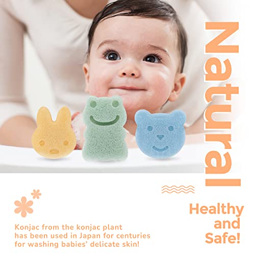 myHomeBody Konjac Baby Sponge for Bathing, Cute Shapes Natural Kids Bath loofah for Infants, Toddler, Newborns, Safe Plant-Based, 3pc. Set: Rabbit, Frog, Bear face