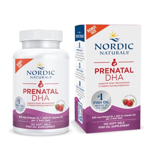 Nordic Naturals Prenatal DHA, Strawberry - 120 Soft Gels - 830 mg Omega-3 + 400 IU Vitamin D3 - Supports Brain Development in Babies During Pregnancy & Lactation - Non-GMO - 60 Servings