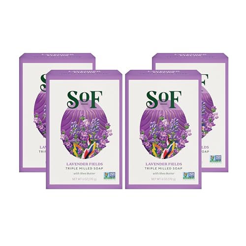 SoF Triple Milled Bar Soap - With Coconut Oil & Organic Shea Butter- Vegan & Non GMO- Free From Phthalates, Sulfates & Parabens- Lavender Fields - 6 oz Bar 4 Bars