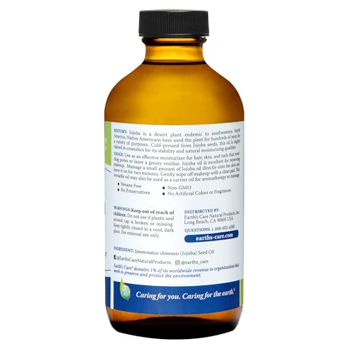 Earth’s Care Jojoba Oil - 100% Pure Jojoba Oil for Hair, Skin and Nails - Cold Pressed - Nourishing Natural Moisturizer - 8 FL OZ