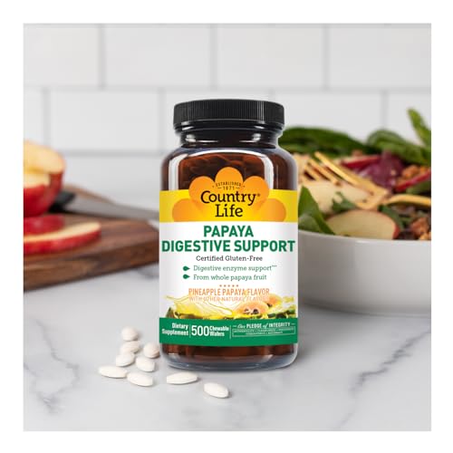 Country Life Chewable Papaya Enzymes for Digestion Support - Natural Pineapple & Papaya Flavor, Assists with Nutrient Absorption, Contains Papain & Protease - 200 and 500 Wafers Available