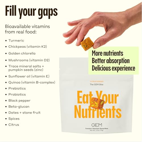 GEM Daily Multivitamin for Women & Men, Supports Gut, Skin, Brain, Bone, & Immunity, 20+ Vitamins & Minerals Like zinc, Vitamin D, B, K, Folic Acid, Turmeric, Curcumin (Citrus Ginger, 7 Servings)