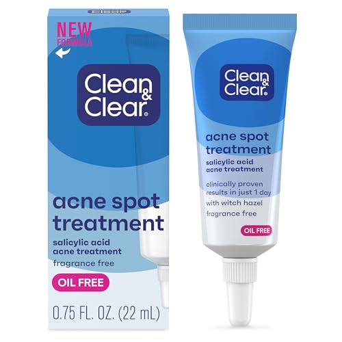 Clean & Clear Acne Spot Treatment Gel Cream with 2% Salicylic Acid, Oil-Free Topical Acne Treatment with Witch Hazel for Clinically Proven Results in 1 Day, Fragrance Free, 0.75 fl. oz