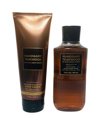 Bath & Body Works Mahogany Teakwood Men's 3-in-1 Hair, Face & Body Wash and Body Cream 2 Piece Set