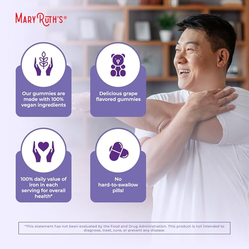 MaryRuth Organics Iron Suppleme nt Gummies for Adults | Sugar Free | Gummy Iron Supplements Vitamin C for Ages 14 | Iron Supplement for Iron Deficiency | Immune Support | Vegan | Non-GMO | 60 Count