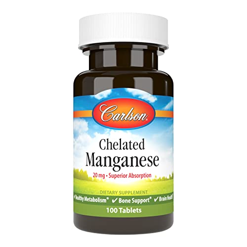 Carlson - Chelated Manganese, 20 mg, Superior Absorption, Healthy Metabolism, Bone Support & Brain Health, 100 Tablets
