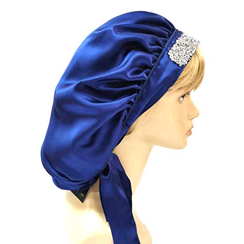 Imprint By Mau Large Size Soft Silk Bling Bonnet Sleep Cap, Extra Large for Braids, Satin Smooth Rhinestone Night Hat with Wide Comfort Band, Prevents Hair Damage and Frizz (Royal Blue)