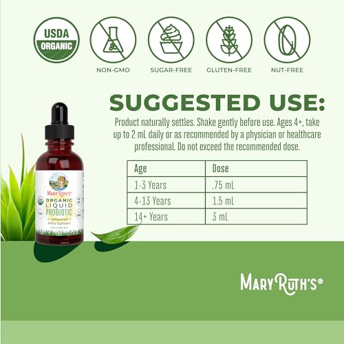 MaryRuth Organics USDA Organic Liquid Probiotic | Digestive Health | Probiotics for Women, Men, Kids | Acidophilus Probiotic | Vegan | Travel Friendly | 20 Servings