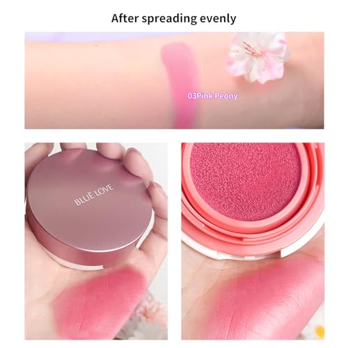 BLUE LOVE Cushion Liquid Blush - Silky Cheek Tint with Mirror, Natural Enhancer for a Radiant Finish, Contours & Highlights for Effortless Elegant (Pink Peony)