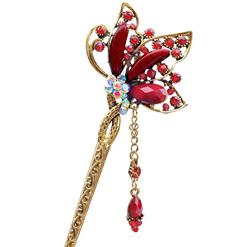 YOY Fashion Long Hair Decor Chinese Traditional Style Women Girls Hair Stick Hairpin Hair Making Accessory with Butterfly, Red