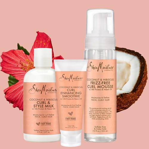 SheaMoisture Coconut & Hibiscus Hair Care Bundle – Curl Enhancing Smoothie, Curl & Style Milk + Frizz Free Curl Mousse (3 Piece Set)