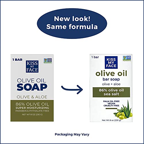 Kiss My Face Pure Olive Oil Soap with Aloe Vera, Moisturizing Bar Soap, 8 oz Bars, (pack of 8)