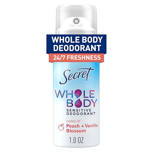 Secret Whole Body Deodorant Spray for Women, Travel Size, Peach & Vanilla Blossom Scent, Aluminum Free Deodorant, 72 HR Odor Protection, 1.0 oz