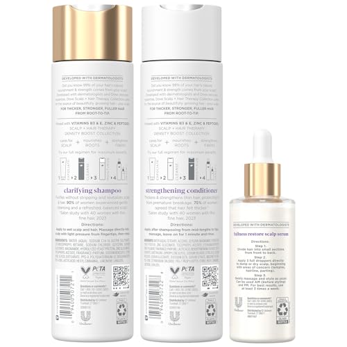 Dove Scalp + Hair Therapy Set – Clarifying Shampoo, Strengthening Conditioner + Fullness Restore Scalp Serum for Volumizing & Reviving Fine Hair (3 Piece Set)