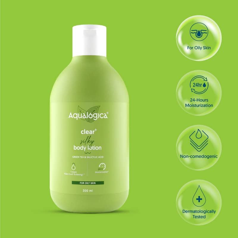 Aqualogica Clear+ Oily Skin Body Lotion with Salicylic Acid & Green Tea | Helps Eliminates Body Acne & Soothes Redness | Non-Comedogenic & Non-Sticky | 10.14 Fl Oz/300ml