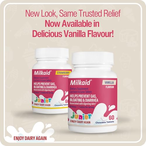 Milkaid Junior Lactase Enzyme Chewable Tablets for Lactose Intolerance | Prevents Gas, Bloating, Diarrhea in Children| Fast Acting Dairy Digestive Supplement for Kids| 60 ct (60 Tablets, Vanilla)