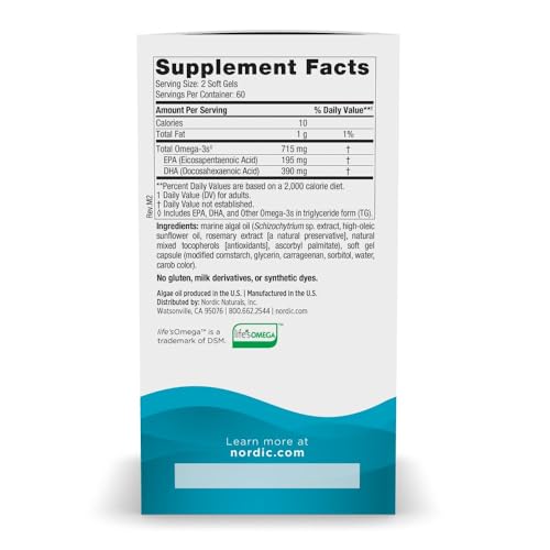 Nordic Naturals Algae Omega - 120 Soft Gels - 715 mg Omega-3 - Certified Vegan Algae Oil - Plant-Based EPA & DHA - Heart, Eye, Immune & Brain Health - Non-GMO - 60 Servings