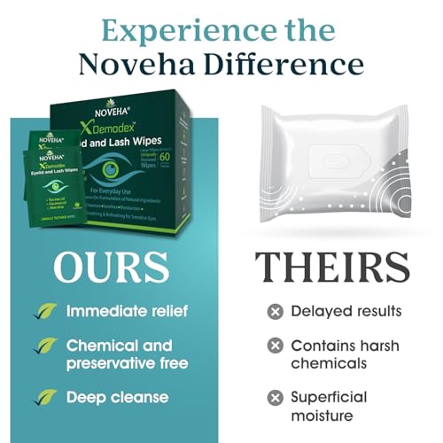 NOVEHA Demodex Eyelid & Lash Wipes | Box Of 60 Individually Wrapped Extra Strength Cleansing Eyelash Wipes - Battle Itchy & Irritated Eyes associated with Demodex Mites, Naturally Remove debris