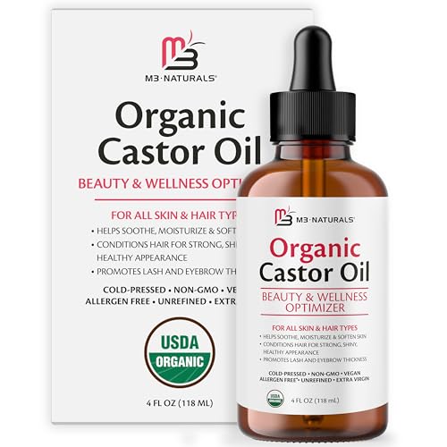 M3 Naturals 100% Pure Organic Castor Oil for Hair Growth, Face and Body Care | Hexane-Free, Cold Pressed, Unrefined in a 4 fl oz (118M) Glass Bottle with Droplet | Promotes Thicker Lashes and Eyebrows