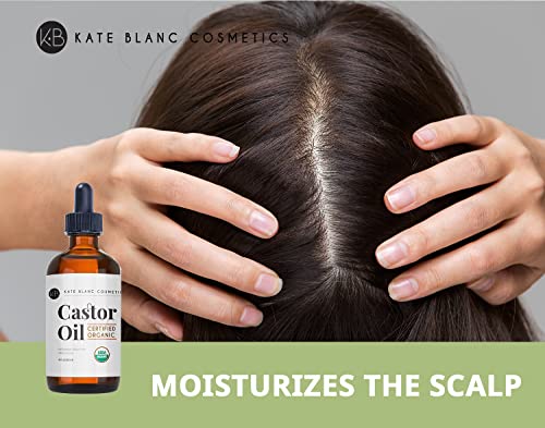 Kate Blanc Cosmetics Castor Oil Organic (4oz), 100% Pure, Cold Pressed, Hexane Free. Natural Oil for Hair, Eyelashes, Eyebrows. Skin Moisturizer with Starter Kit