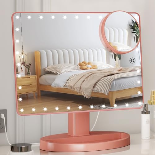 FUNTOUCH Large Lighted Vanity Makeup Mirror (X-Large Model), Light Up Mirror with 35 LED Lights, Touch Screen and 10X Magnification Mirror, 360° Rotation Tabletop Cosmetic Mirror(Rose Gold)