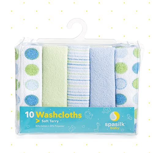 Spasilk Washcloth Wipes Set for Newborn Boys and Girls, Soft Terry Washcloth Set, Pack of 10, Blue Dots