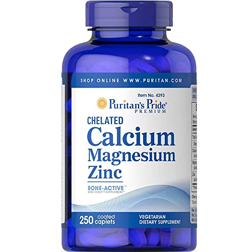 Puritan's Pride Premium Chelated Calcium Magnesium Zinc with Bone-Active™, Dietary Supplement for Bone Health, Bone Density, and Immune Function Support, 250 Coated Tablets