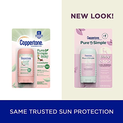 Coppertone Pure and Simple Baby Sunscreen Stick SPF 50, Zinc Oxide Mineral Sunscreen for Baby, Body and Face, 0.49 Oz Stick