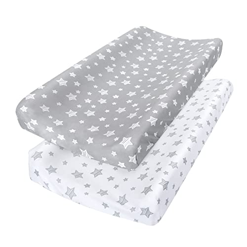 Changing Pad Cover for Boys Girls 2 Pack, Lovely Print Soft Unisex Diaper Change Table Sheets, Fit 32x16 Contoured Pad, Comfy Cozy 2-Pack Cradle Sheets, Grey & White