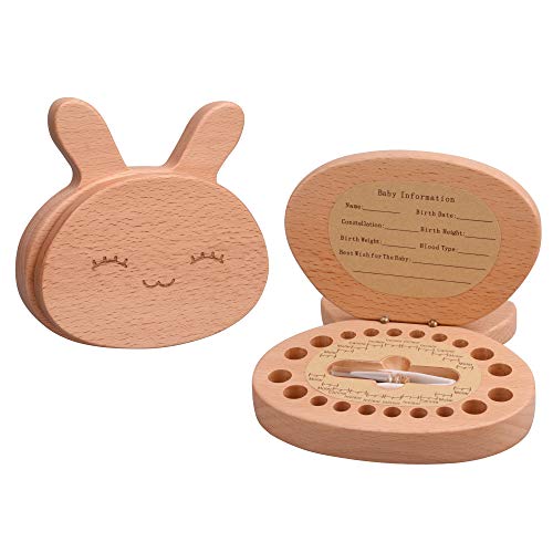 AhfuLife Baby Tooth Keepsake Fairy Box Holder with Lanugo Bottle, Wooden Bunny Rabbit Shape Keepsake Box for First Lost Teeth, Cute Tooth Storage Holder, Baby Shower Gifts for Newborn, Boy & Girl