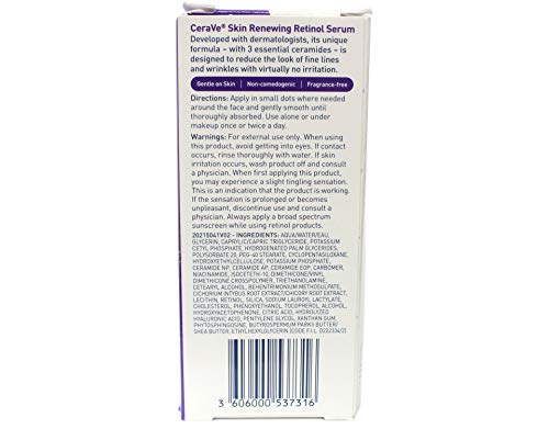 CeraVe Anti Aging Retinol Serum | Cream Serum for Smoothing Fine Lines and Skin Brightening | With Retinol, Hyaluronic Acid, Niacinamide, and Ceramides | 1 Ounce