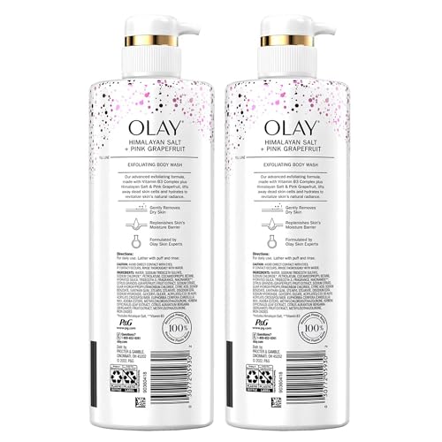 Olay Exfoliating & Revitalizing Body Wash with Himalayan Salt, Pink Grapefruit, and Vitamin B3, 17.9 fl oz (pack of 2)