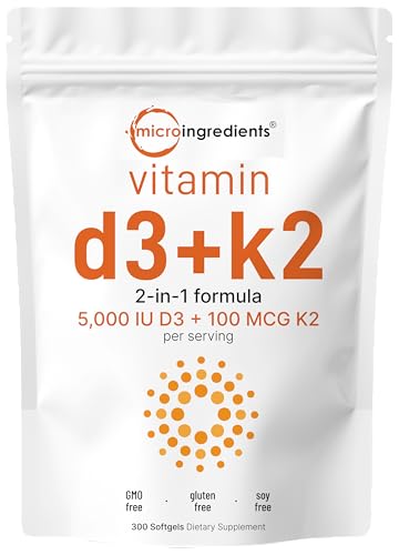 Micro Ingredients Vitamin D3 5000 IU with K2 100 mcg, 300 Soft-Gels | K2 MK-7 with D3 Vitamin Supplement, 2 in 1 Support Immune, Heart, Joint, Teeth & Bone Health - Easy to Swallow