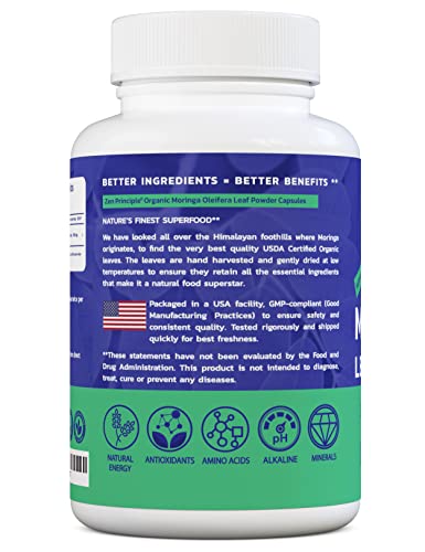 Zen Principle Organic Moringa Oleifera. Ultra-Premium. Provides an All Natural Energy Boost and Multi-Vitamin. A Raw Superfood, Vegan, No GMO and Gluten Free. 180 Capsules.