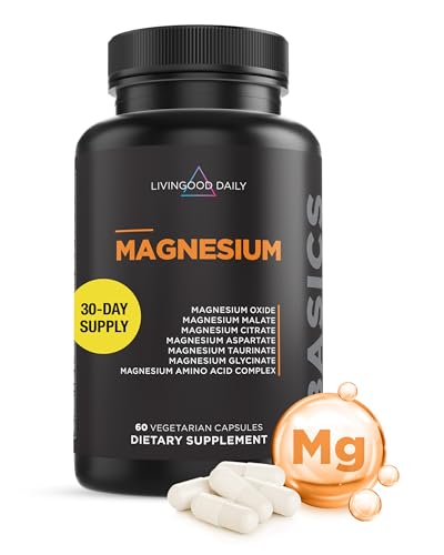 Livingood Daily Magnesium 300mg - High Bioavailability Magnesium Complex - Magnesium Citrate, Malate, Glycinate, Oxide, & Chicory Root Inulin - Muscle Relaxation, Nerve, & Heart Health - 60 Capsules